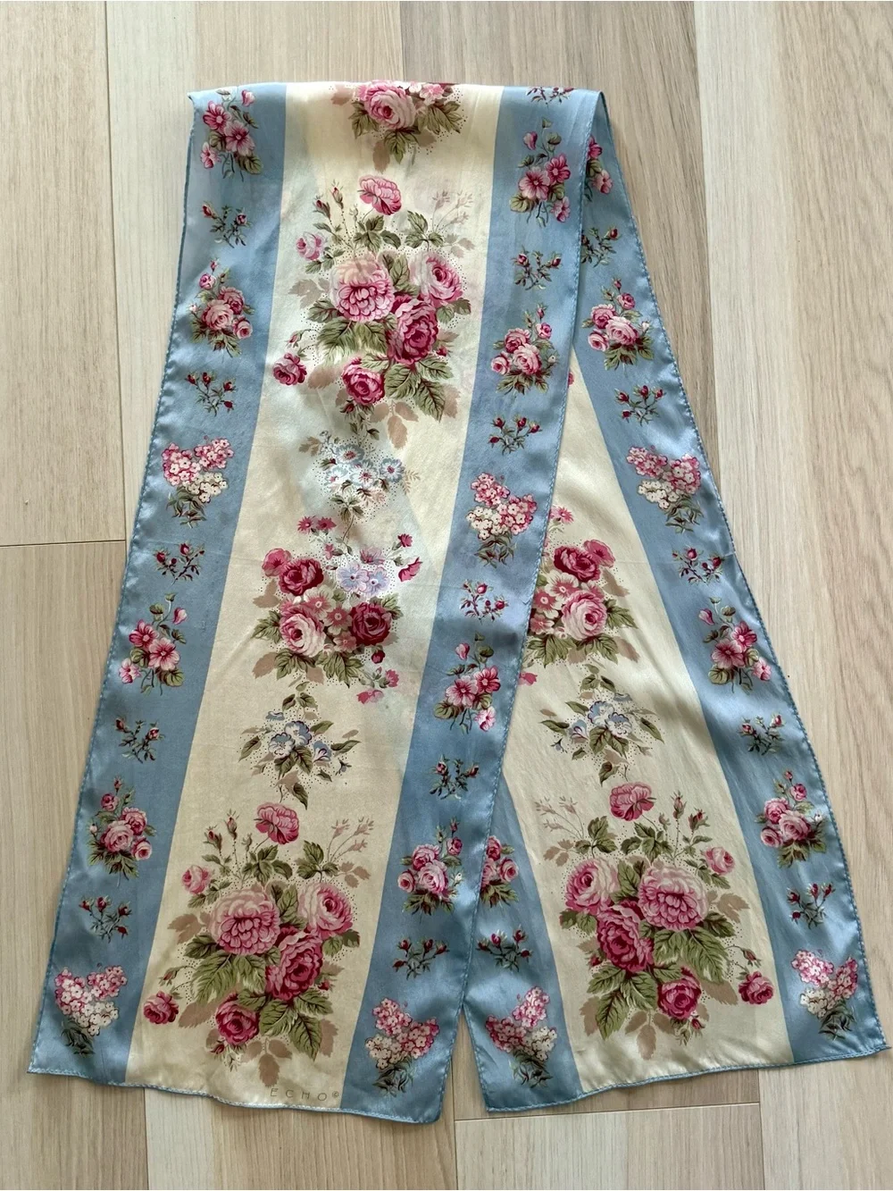 Y2K Echo Silk Floral Scarf Blue Cream Rose Print Oblong Coquette Cottagecore
